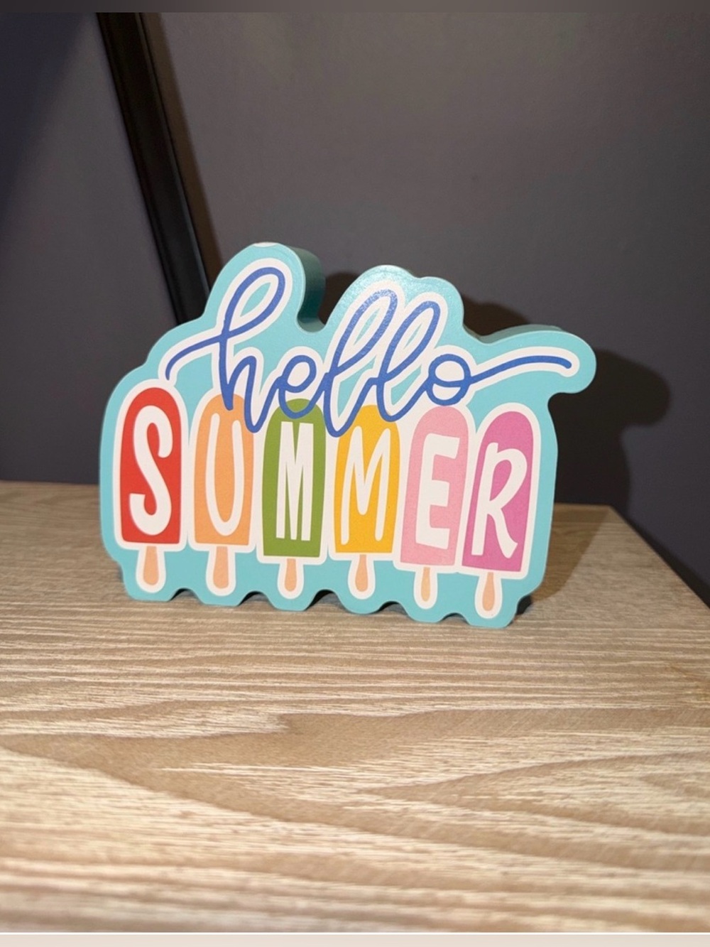 Hello Summer solid wooden Sign. Cheerful tabletop decor.